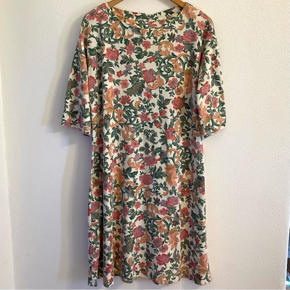 90s Pink Floral Cotton Midi Dress 3/4 Sleeve Medium